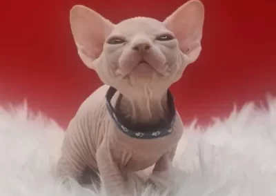 naissance de bébé chaton sphynx avec un collier bleu