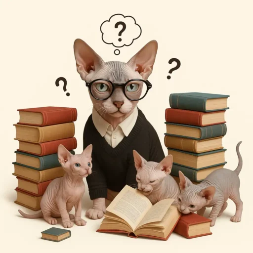 Chat Sphynx adulte déguisé en bibliothécaire entouré de livres avec plusieurs chatons Sphynx joueurs.