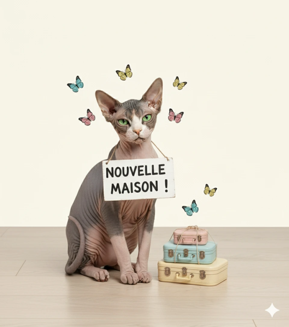 Adoption de Chat Sphynx Chat Sphynx assis avec pancarte 'Nouvelle Maison !' et petites valises colorées