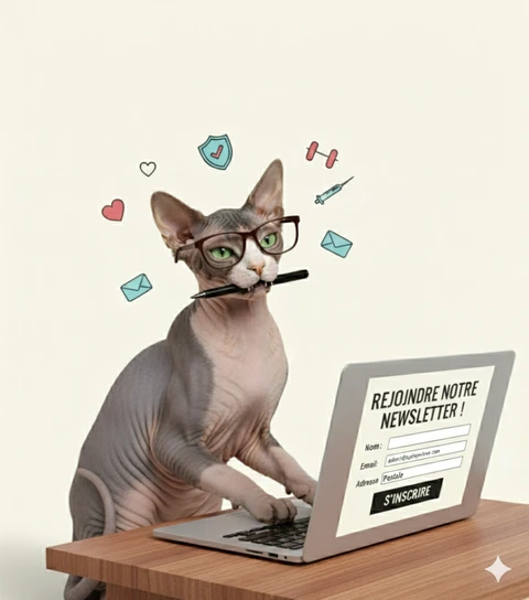 Chat Sphynx intelligent avec lunettes et stylo, s'inscrivant à la newsletter sur un ordinateur portable
