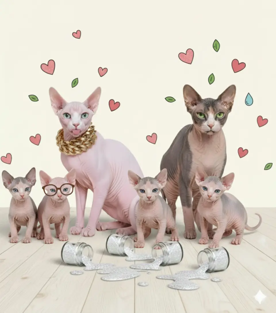 Adorable Famille de Chats Sphynx : Amour, Famille de chats Sphynx : deux adultes (rose avec collier doré, gris) et quatre chatons (un avec lunettes), entourés de cœurs,