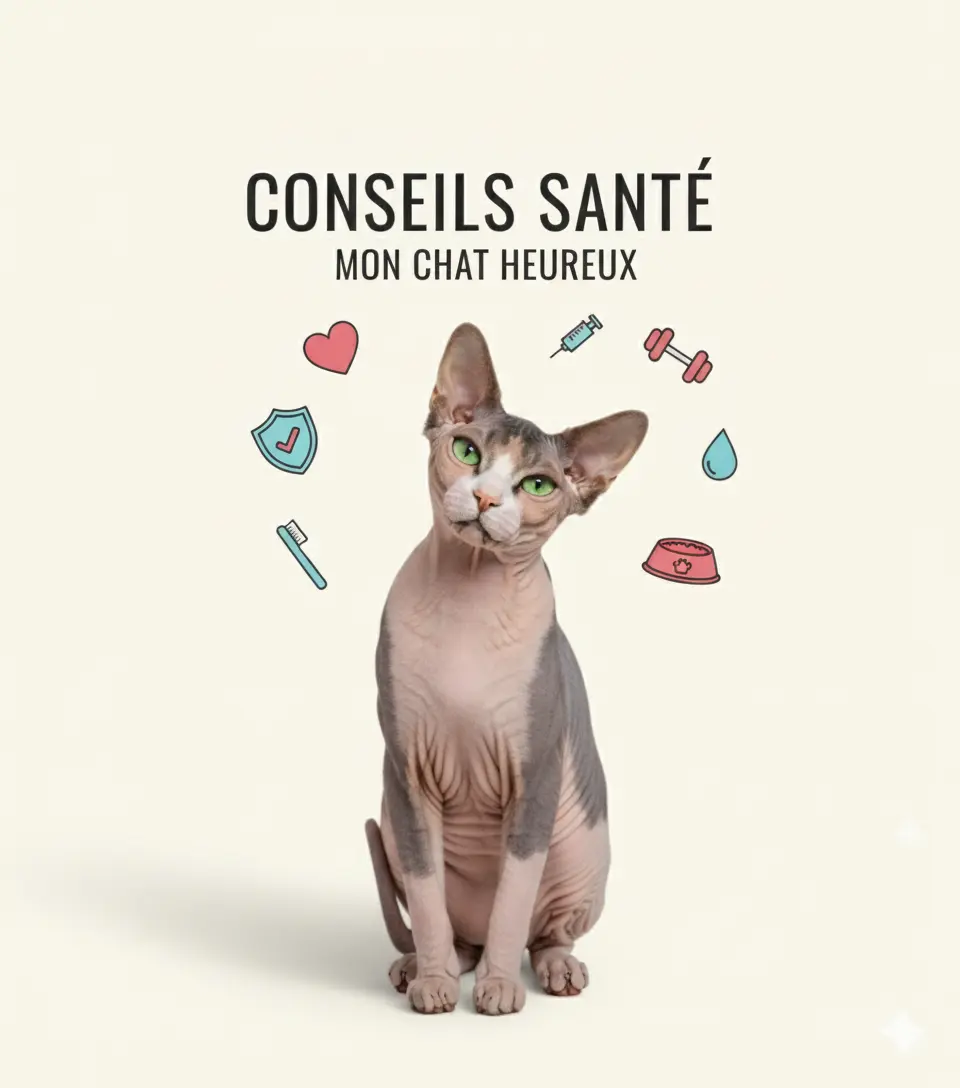Conseils Santé pour Chat Sphynx : Bien-être et Soins | Guide de Santé Féline Chat Sphynx reconnaissant hochant la tête avec des icônes de santé pour des conseils sur le bien-être félin