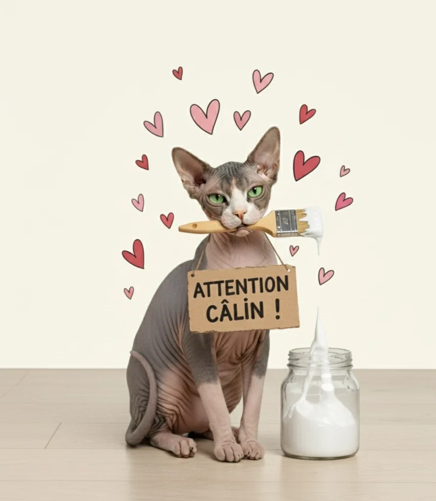 'Attention Câlin !' : Le Chat Sphynx Prêt à Vous Coller de Tendresse Chat Sphynx gris avec pinceau dans la bouche, pot de colle renversé, pancarte 'Attention Câlin !' et cœurs volants
