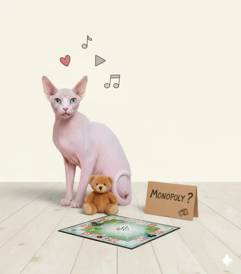 Le Chat Sphynx vous Invite : Partie de Monopoly et Tendresse Féline Chat Sphynx rose avec peluche et panneau 'Monopoly ?'