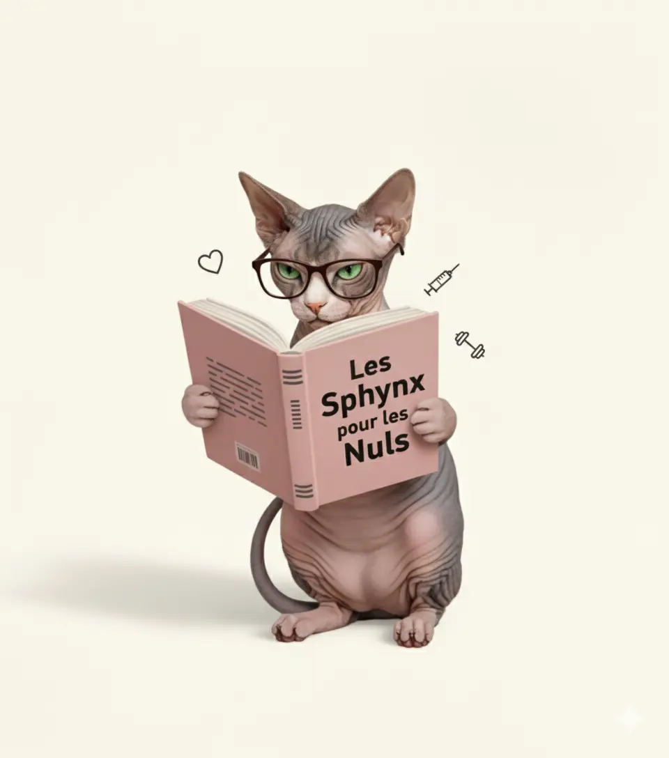 Le Guide Ultime : Chat Sphynx Lisant des Conseils de Santé Chat Sphynx intelligent avec lunettes lisant 'Les Sphynx pour les Nuls' pour des conseils de santé