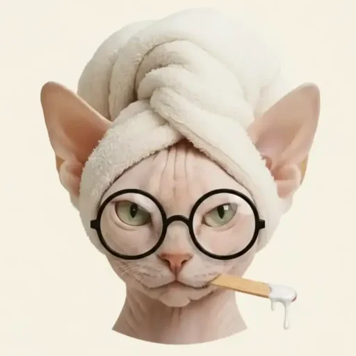 Icône comique d'un chat Sphynx avec une serviette sur la tête et des lunettes, représentant un élevage de chatterie.